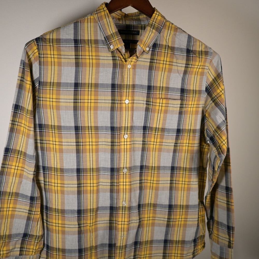 Banana Republic Mens XL Untucked Slim Yellow Plaid Button Down Shirt Long Slv - Picture 4 of 6